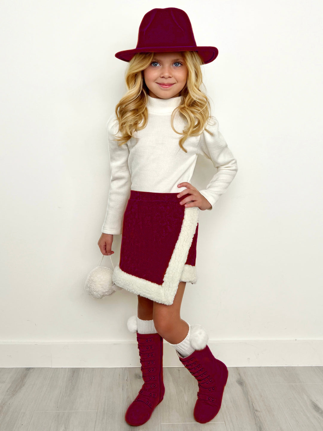 Cozy Long Sleeve Top and Faux Suede Berry Skort Set