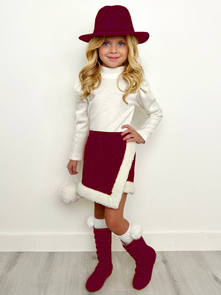 Cozy Long Sleeve Top and Faux Suede Berry Skort Set