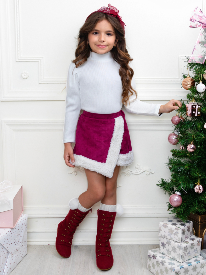 Cozy Long Sleeve Top and Faux Suede Berry Skort Set