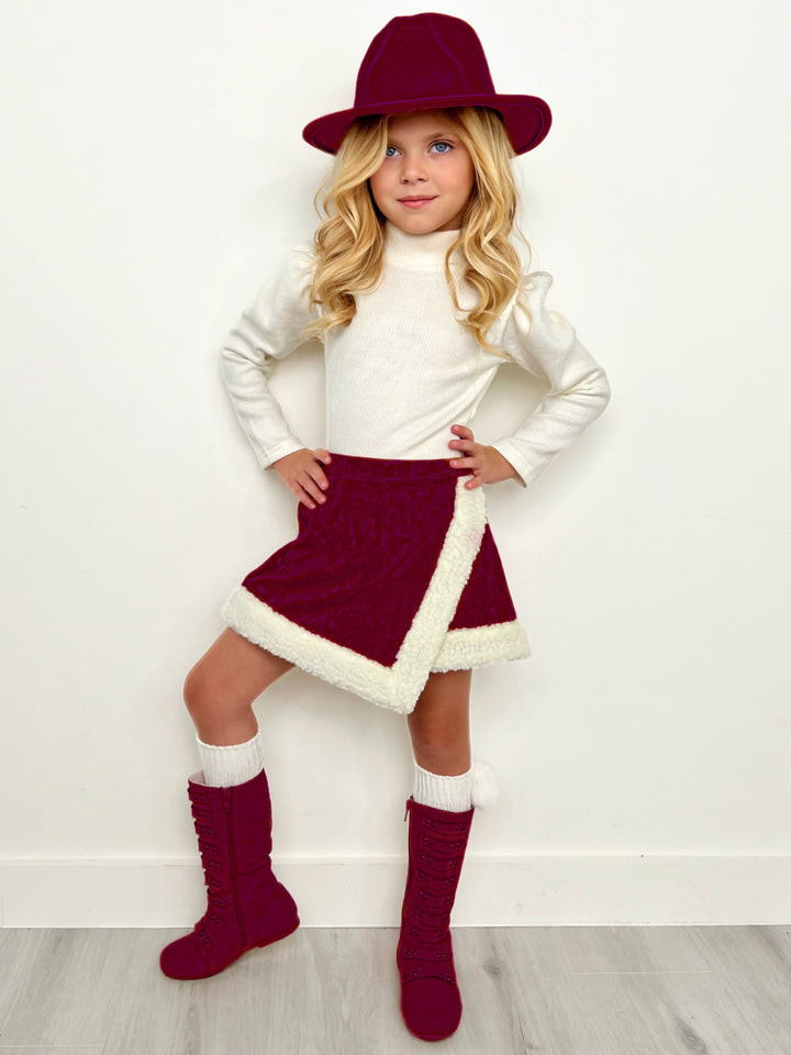 Cozy Long Sleeve Top and Faux Suede Berry Skort Set