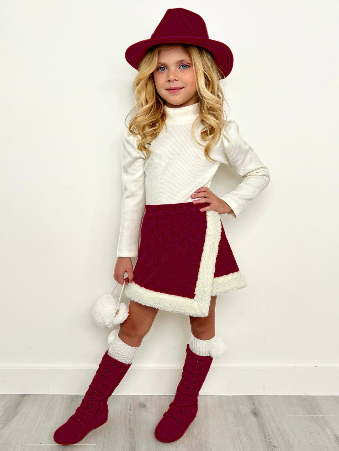 Cozy Long Sleeve Top and Faux Suede Berry Skort Set