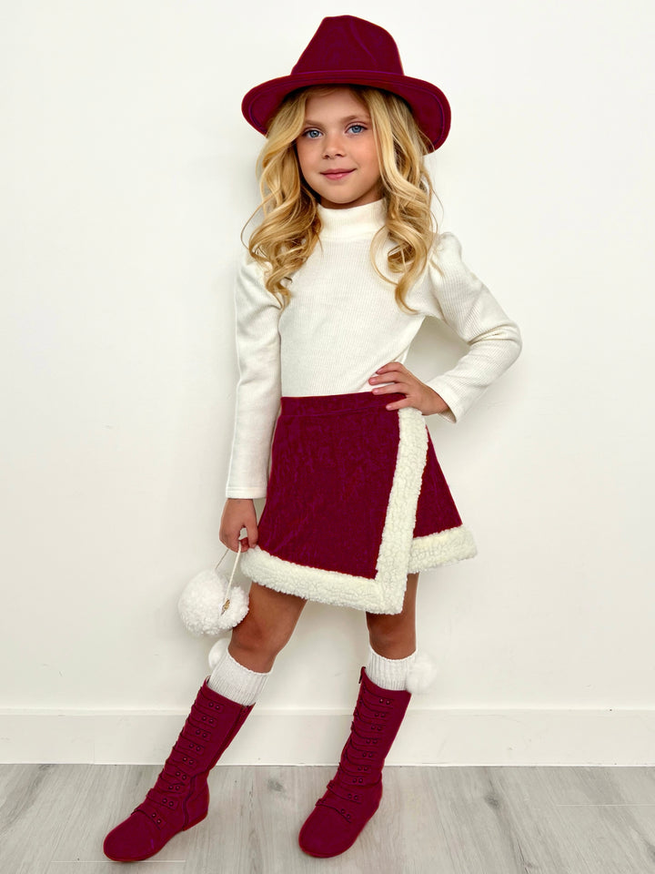Cozy Long Sleeve Top and Faux Suede Berry Skort Set