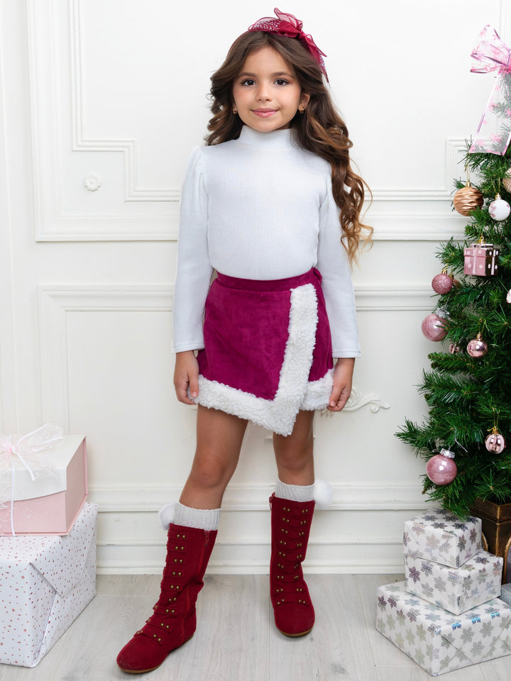 Cozy Long Sleeve Top and Faux Suede Berry Skort Set