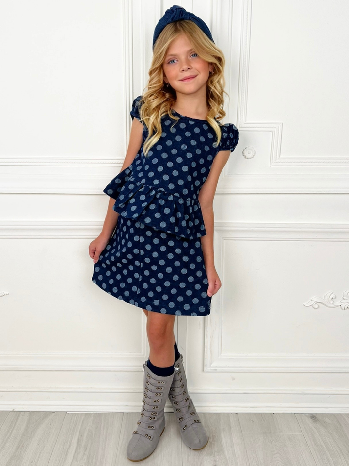 Polka Dot Peplum Denim Top and Skirt Set