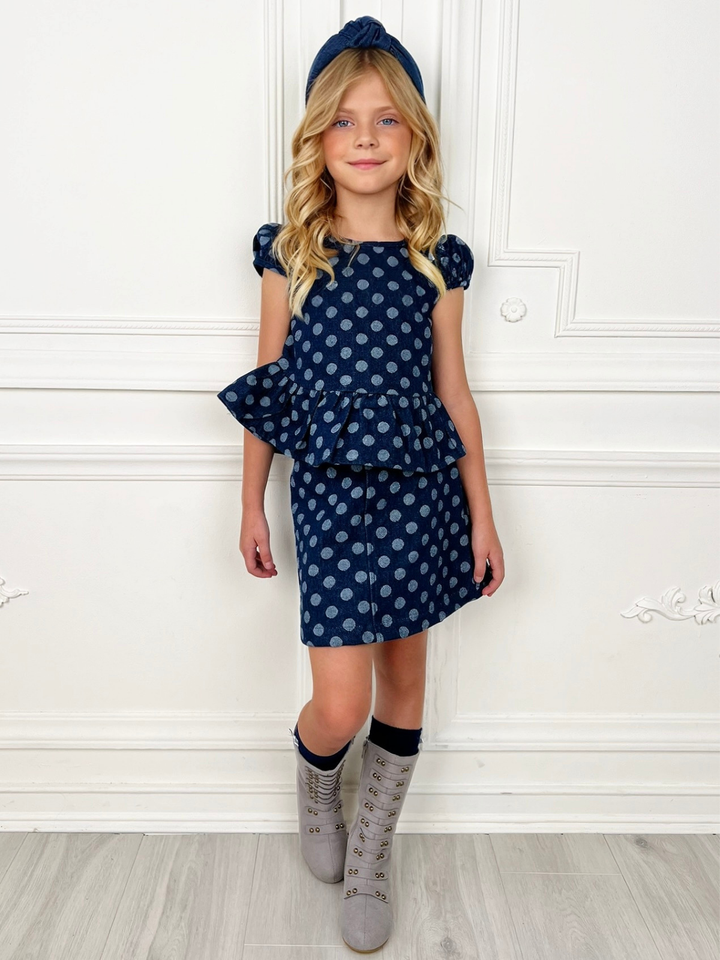 Polka Dot Peplum Denim Top and Skirt Set