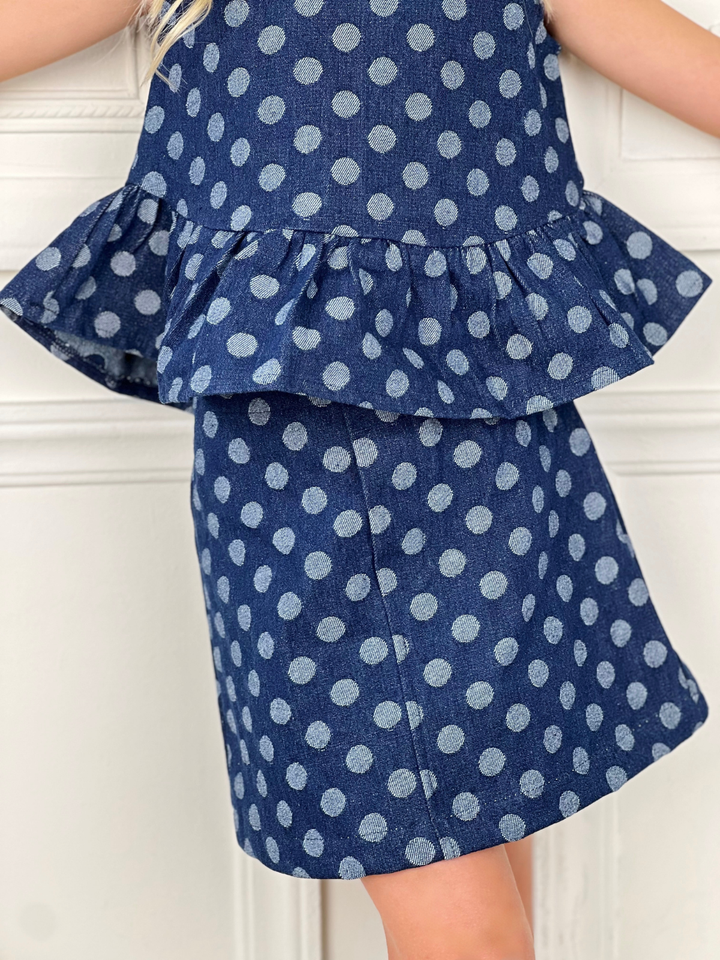 Polka Dot Peplum Denim Top and Skirt Set