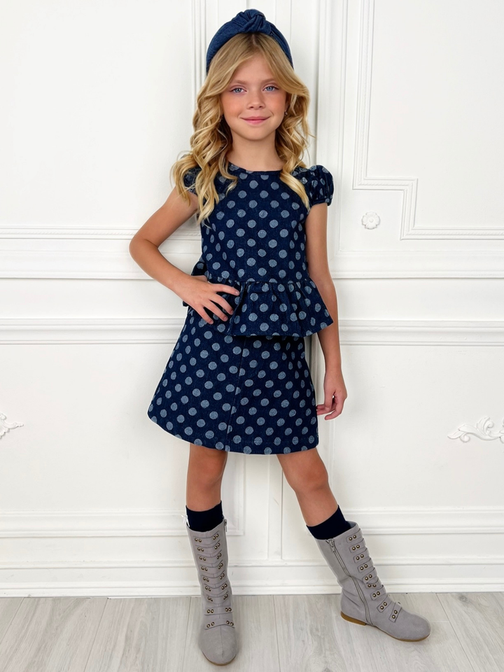 Polka Dot Peplum Denim Top and Skirt Set
