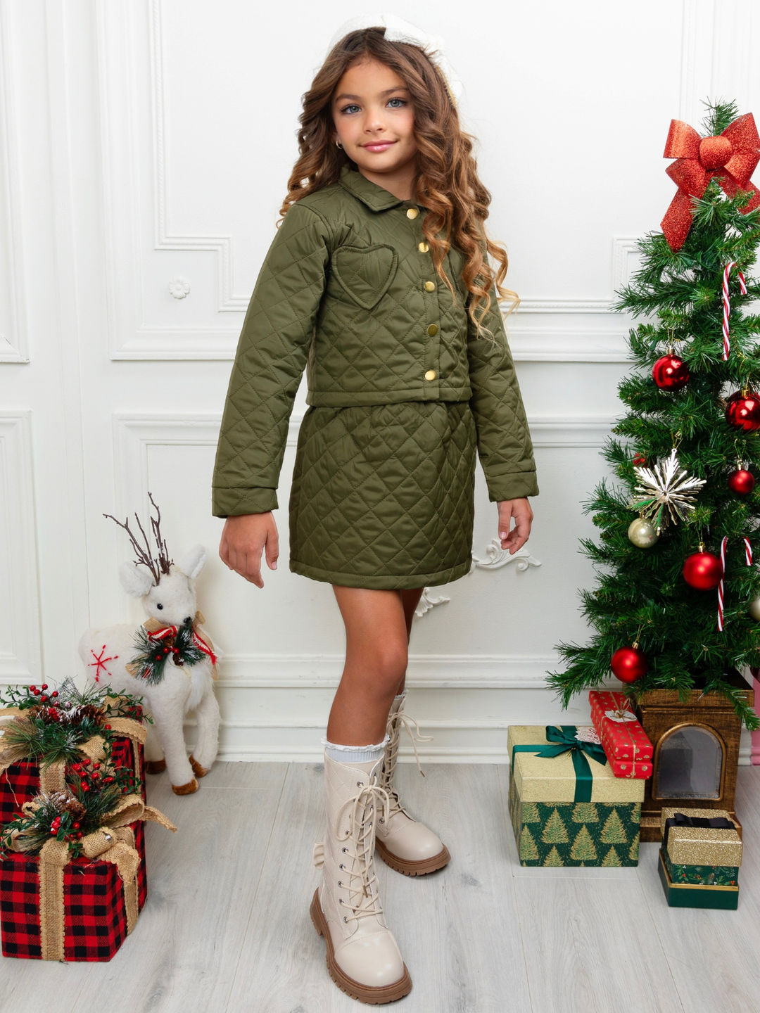 Olive Heart Nylon Quilted Jacket and Matching Skirt Set