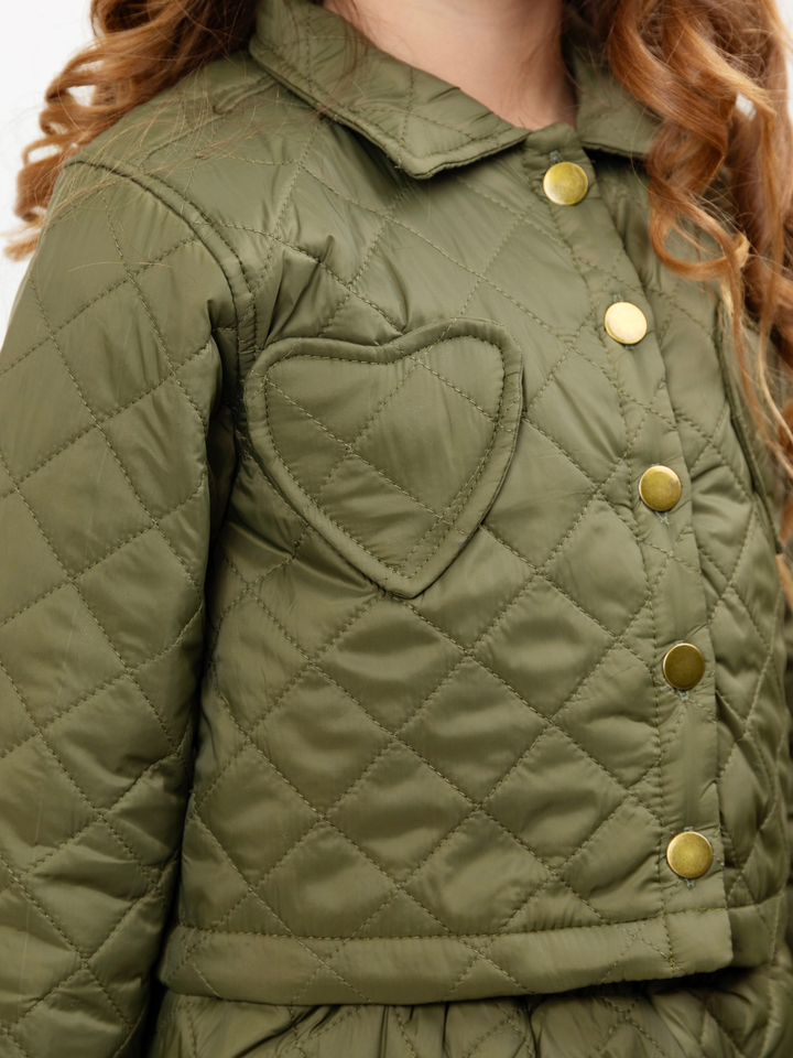 Olive Heart Nylon Quilted Jacket and Matching Skirt Set