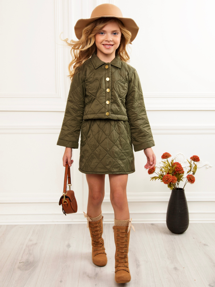 Olive Heart Nylon Quilted Jacket and Matching Skirt Set