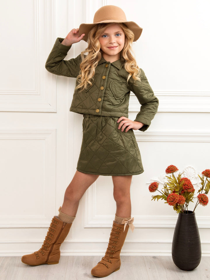 Olive Heart Nylon Quilted Jacket and Matching Skirt Set