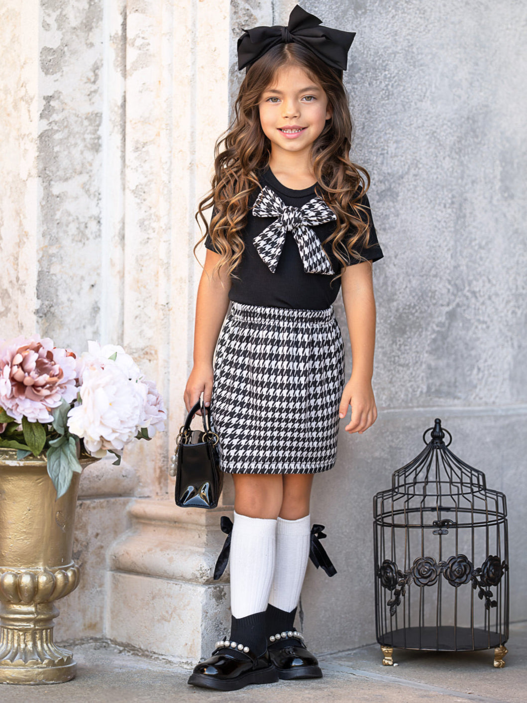 Houndstooth Bow Top and Aline Skirt Set