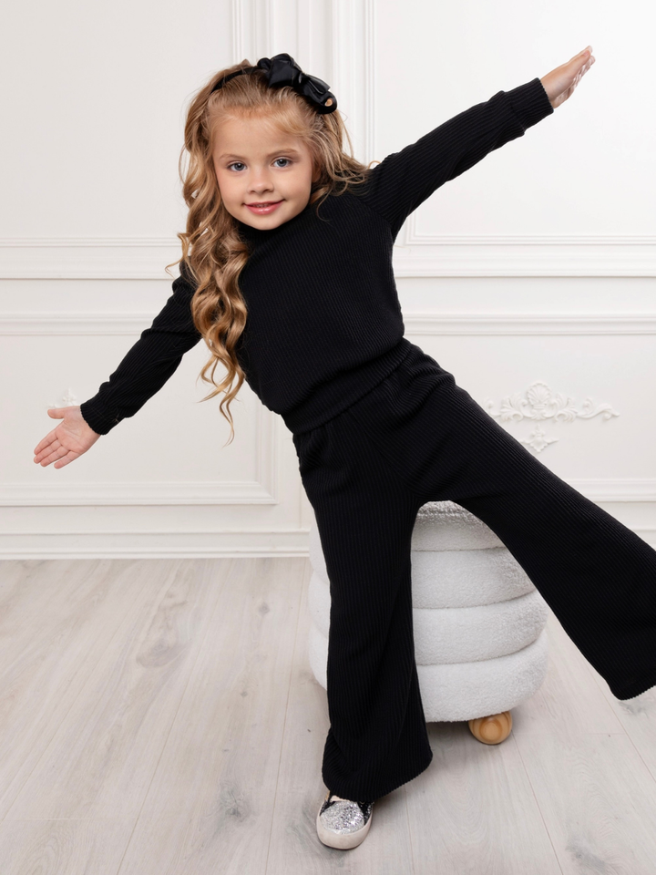 Chic In Black Ribbed Top and Pant Lounge Set