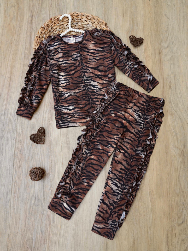 Wild Thing Tiger Print Ruffle Top and Lounge Pant Set