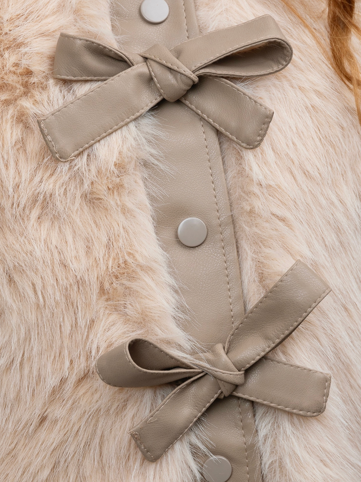 Taupe Faux Fur Bow Vest and Brown Pleated Skirt Set