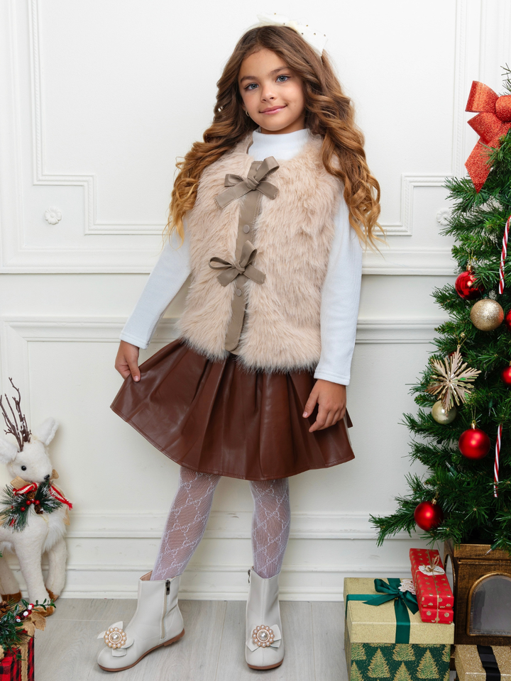 Taupe Faux Fur Bow Vest and Brown Pleated Skirt Set
