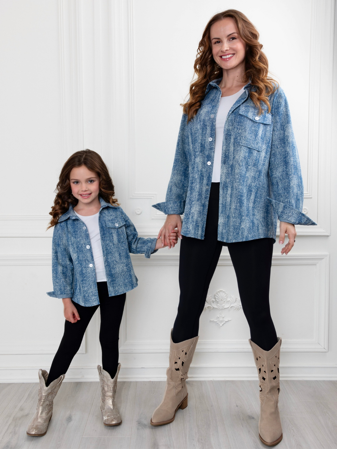 Mommy and Me Glam Glitter Light Medium Wash Denim Shacket