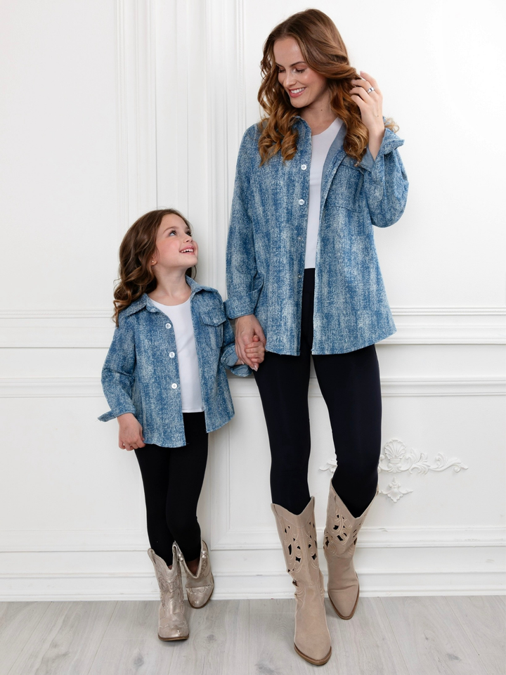 Mommy and Me Glam Glitter Light Medium Wash Denim Shacket