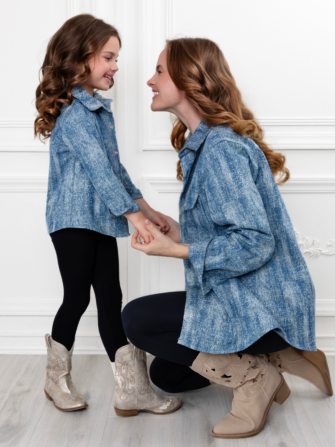 Mommy and Me Glam Glitter Light Medium Wash Denim Shacket