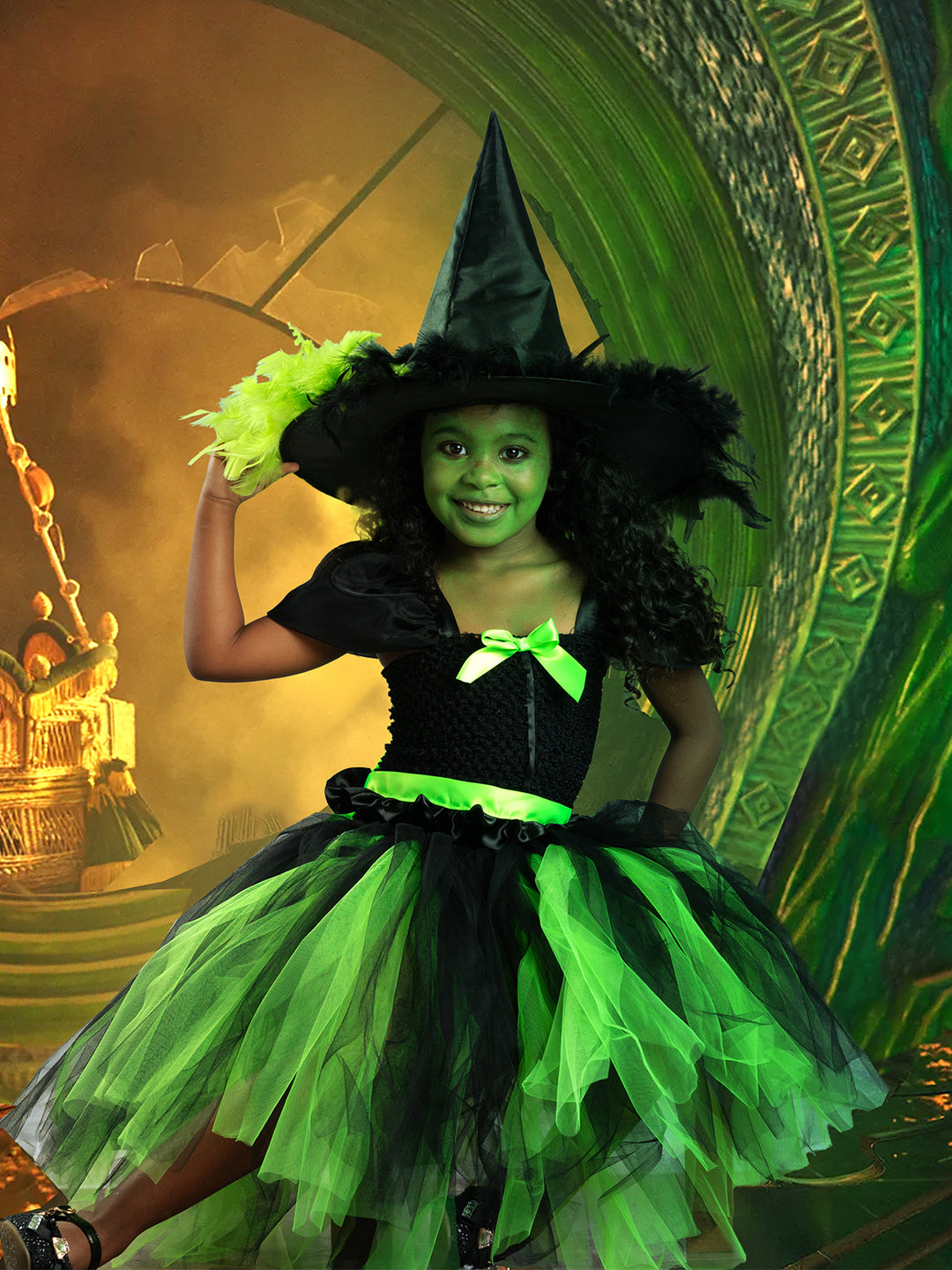 Girls Wicked Green Witch Costume Dress with Hat Mia Belle Girls Girls Wicked Green Witch Costume Dress with Hat Mia Belle Girls