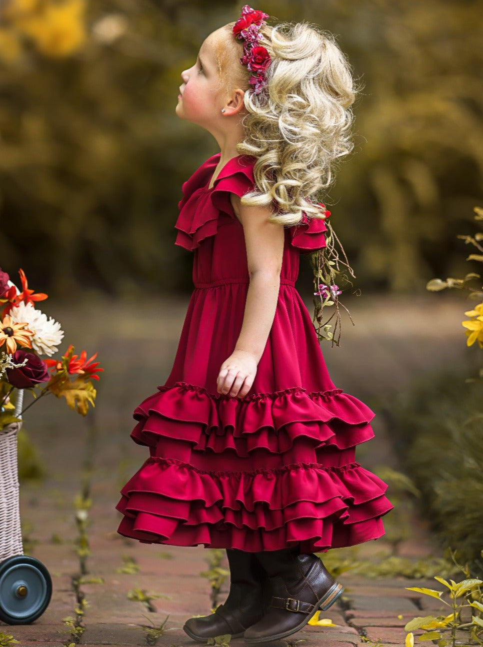Little Girls Fall Boho Burgundy Tiered Ruffle Dress - Mia Belle Girls Little Girls Fall Boho Burgundy Tiered Ruffle Dress - Mia Belle Girls