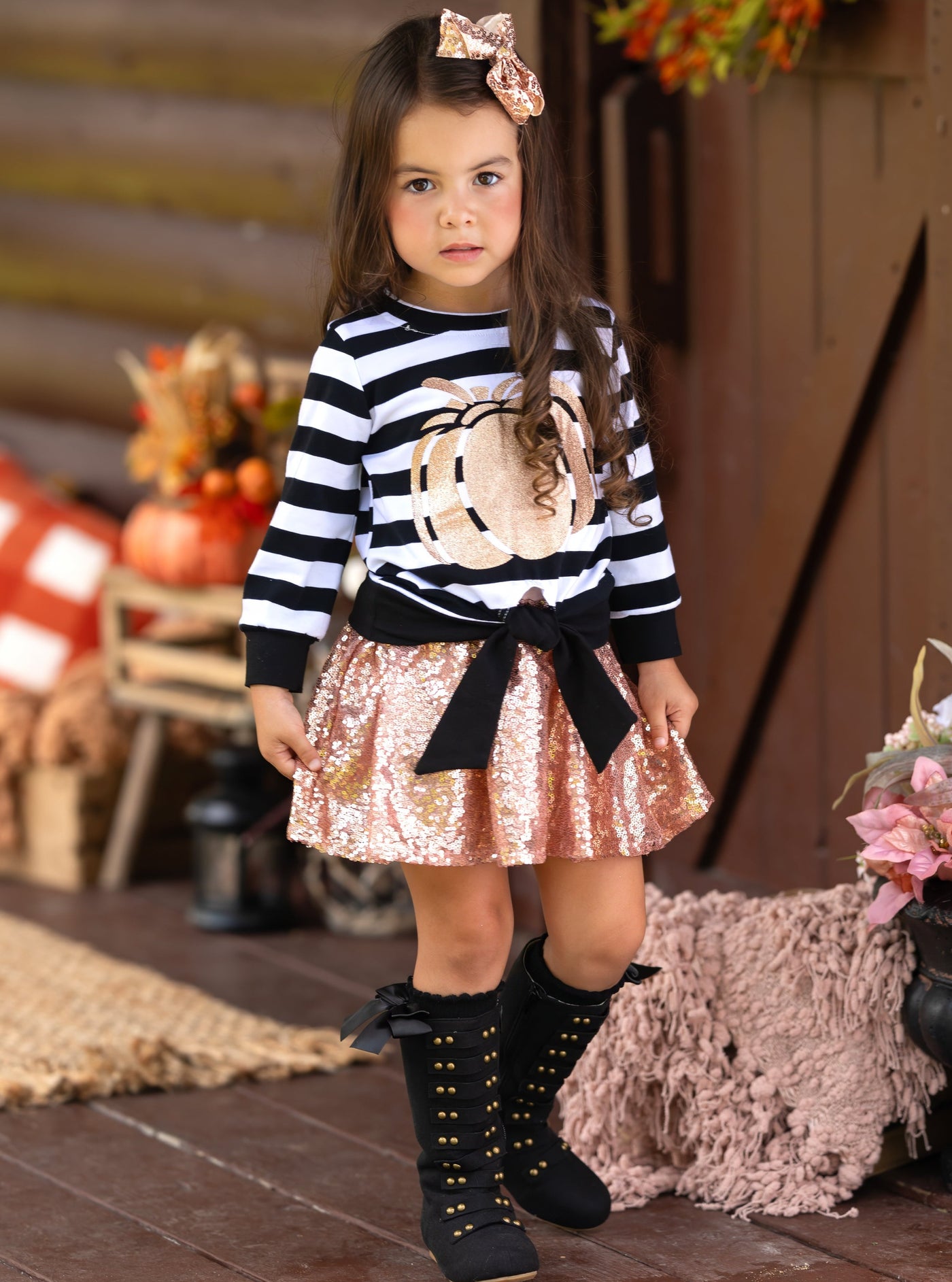 Fall Outfits | Knot Hem Top & Sequin Skirt Set | Cute Fall Girls Sets