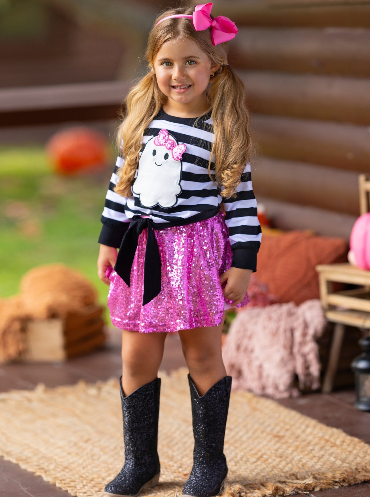 Girls Halloween Apparel | Toddler Striped Ghost Top & Sequin Skirt Set