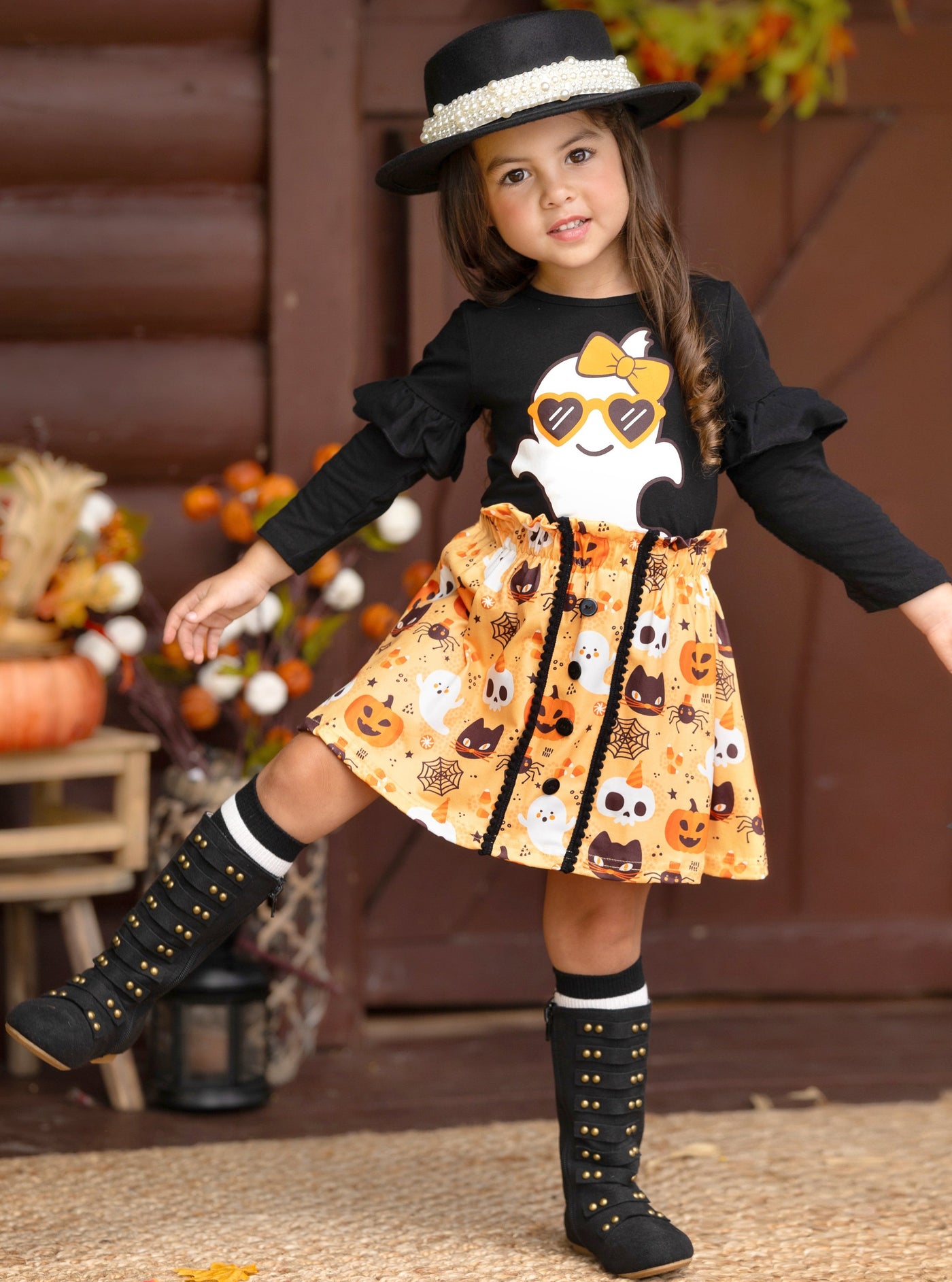 Girls Halloween Apparel | Cute Ghost Top & Skirt Set - Mia Belle Girls