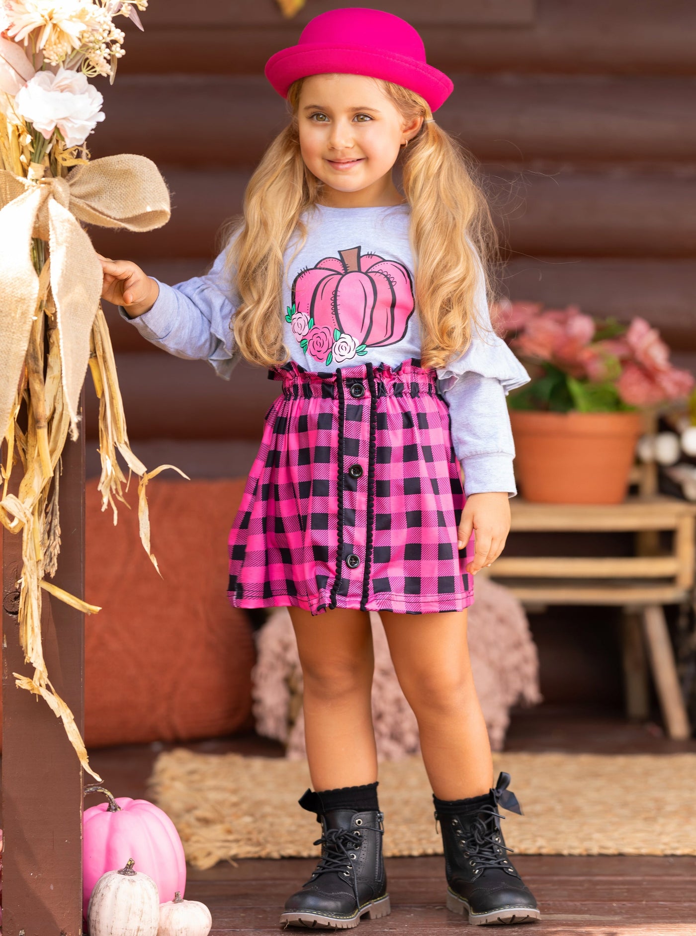 Mia Belle Girls Pumpkin Ruffle Pullover & Plaid Skirt Set | Girls Sets