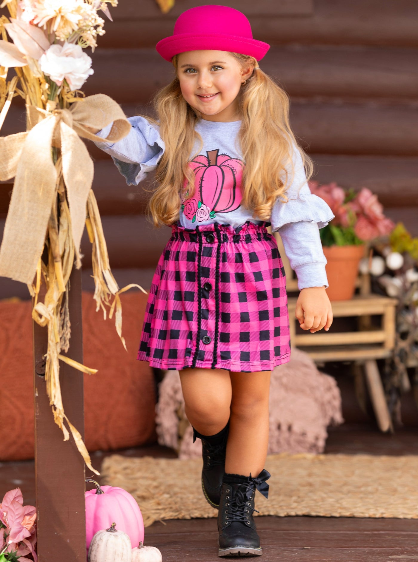 Mia Belle Girls Pumpkin Ruffle Pullover & Plaid Skirt Set | Girls Sets