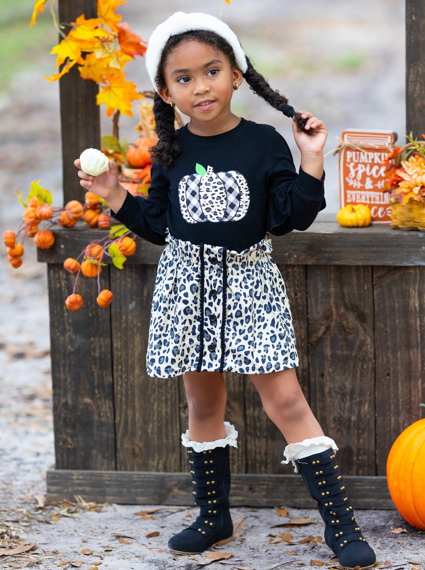 Toddler Fall Outfits | Leopard Print Pumpkin Top & Matching Skirt Set