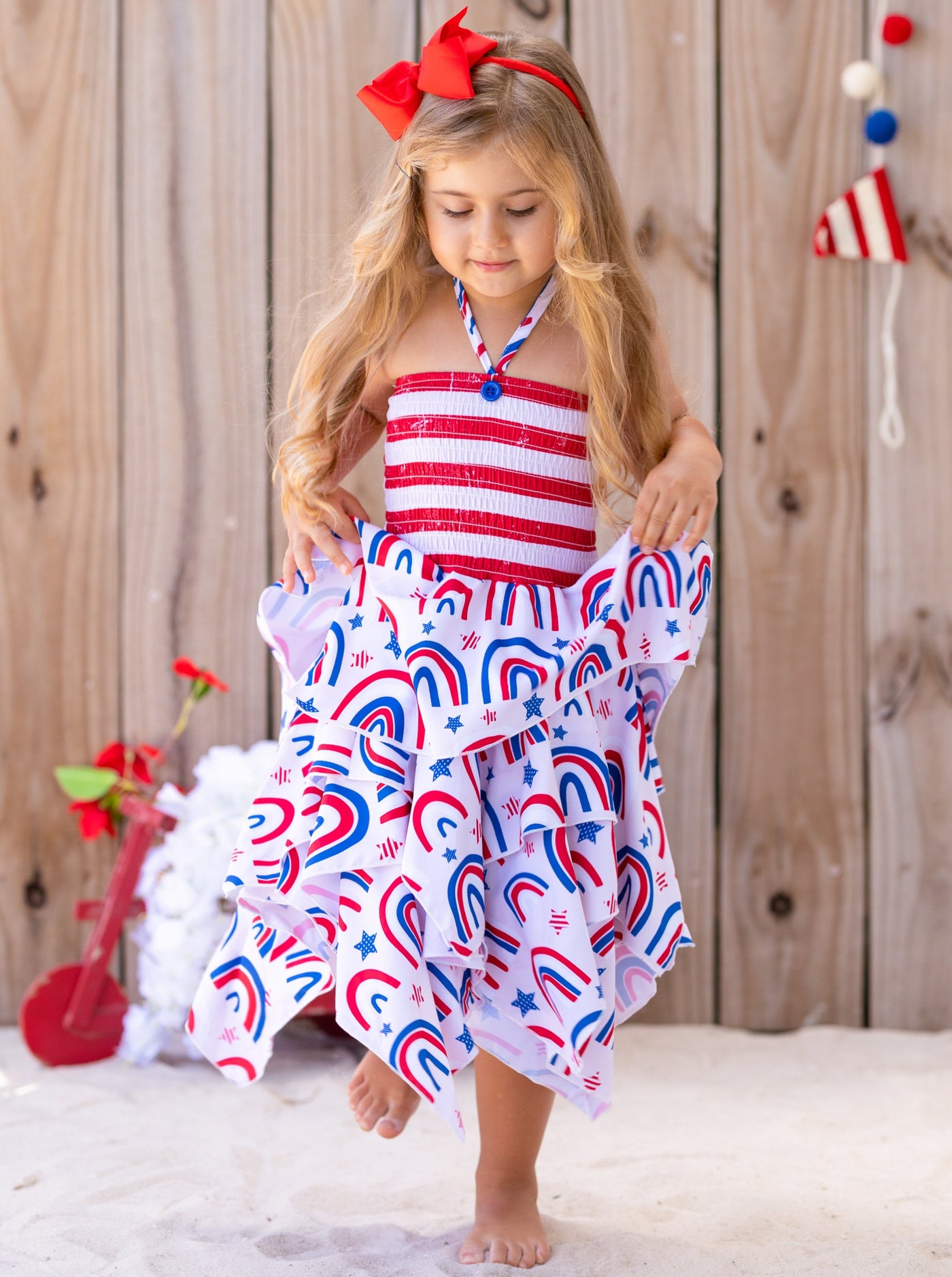 Girls 4th of July Outfits | US Themed Smocked Top Handkerchief Dress