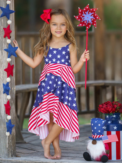 Girls 4th of July Dresses | Sleeveless US Flag Tiered Hi-Lo Dress