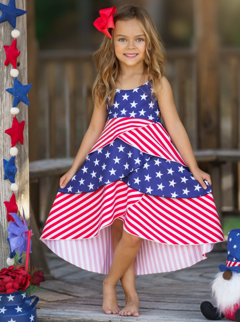 Girls 4th of July Dresses | Sleeveless US Flag Tiered Hi-Lo Dress Mia Belle Girls Girls 4th of July Dresses | Sleeveless US Flag Tiered Hi-Lo Dress Mia Belle Girls