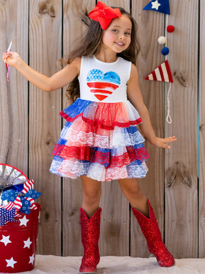 Girls USA Heart Bodice Lace Tiered Sparkle Tutu Dress | 4th Of July