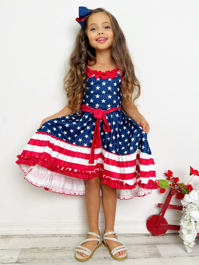 Girls 4th Of July Dresses | American Flag Ruffle Accent Twirl Dress