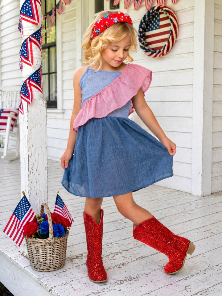 American Breeze Ruffle Chambray Dress Mia Belle Girls