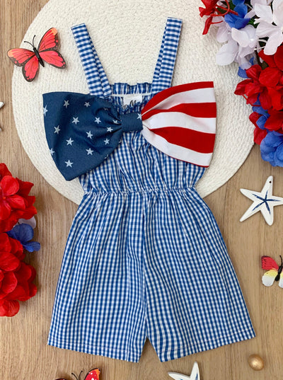  Mia Belle Girls Blue Gingham USA Bow Romper | 4th Of July Outfits
