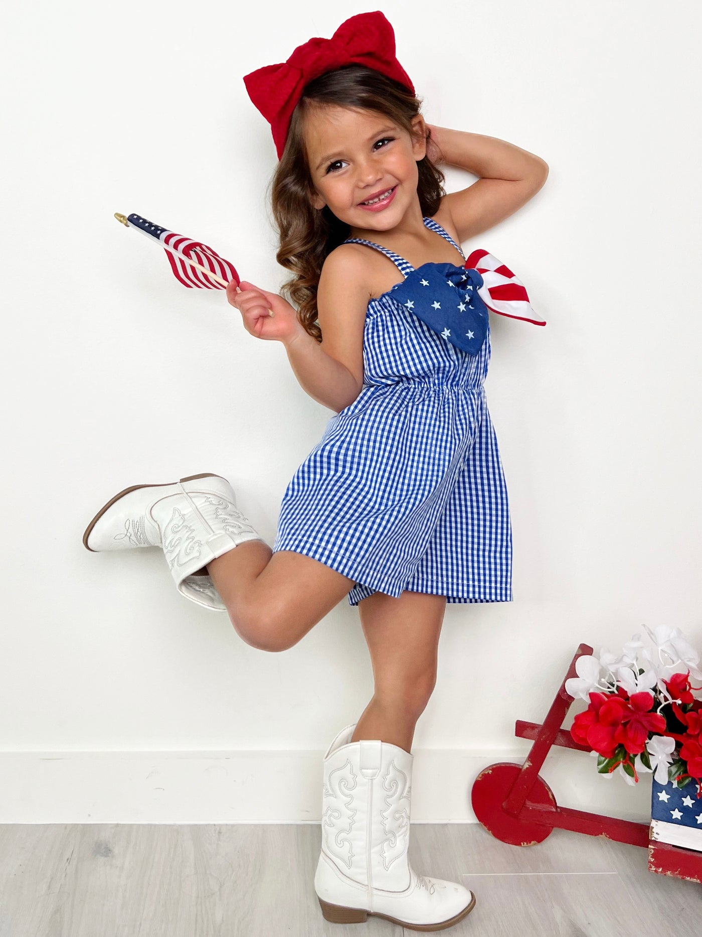 Mia Belle Girls Blue Gingham USA Bow Romper | 4th Of July Outfits
