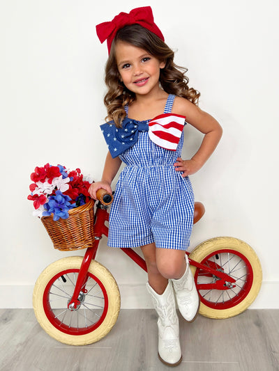 Mia Belle Girls Blue Gingham USA Bow Romper | 4th Of July Outfits