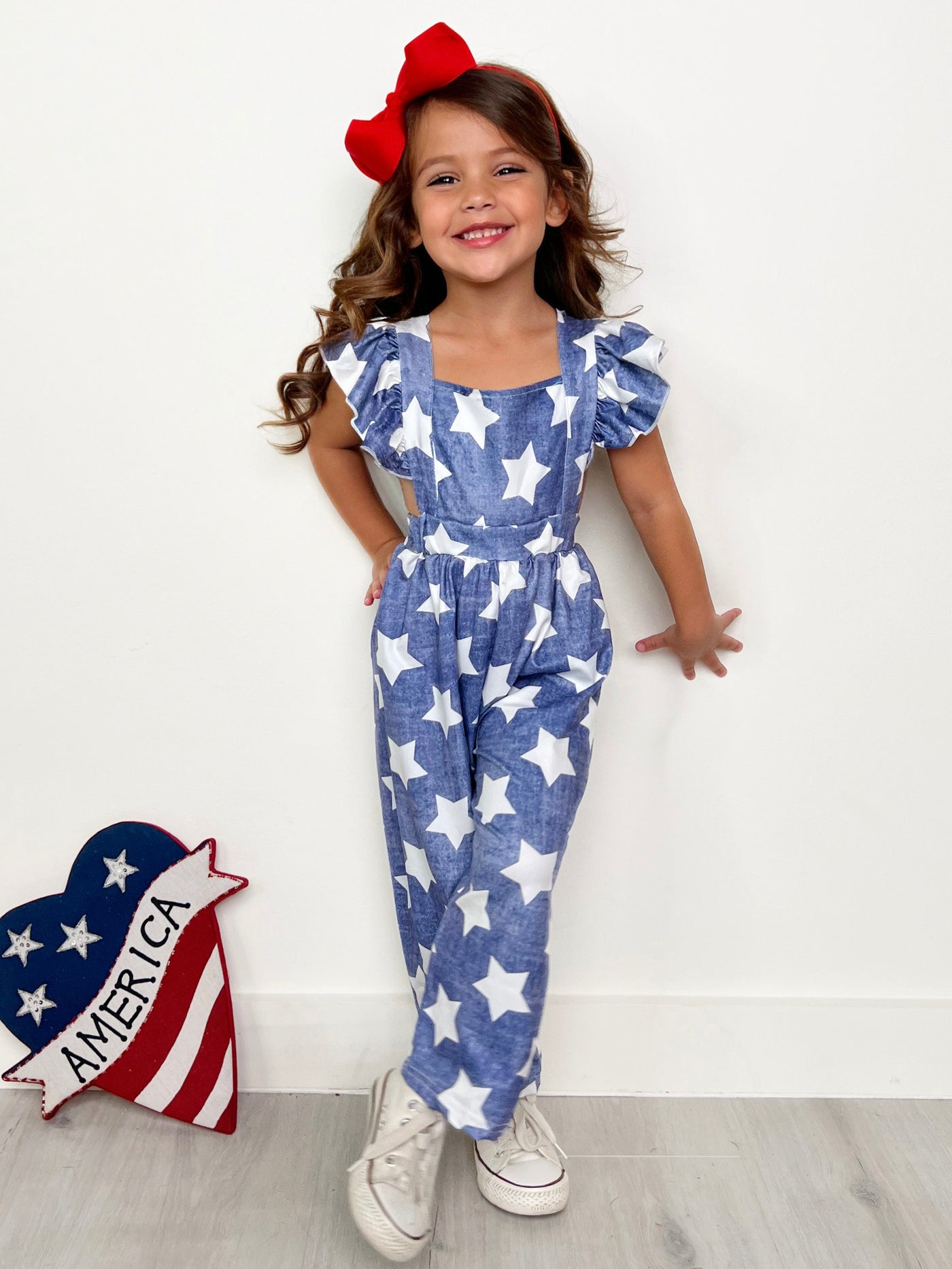 Mia Belle Girls Ruffle Shoulder Star Jumpsuit | 4th of July Outfits