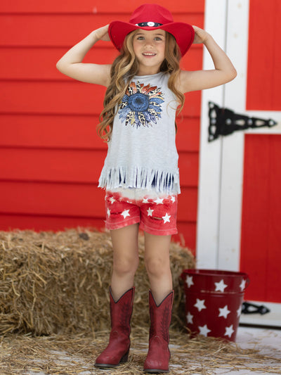 Mia Belle Girls USA Flower Fringe Top And Denim Shorts | 4th of July
