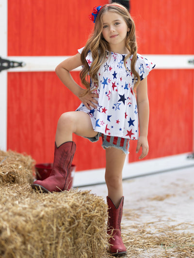 Mia Belle Girls Star Smocked Top And Denim Shorts Set | 4th of July