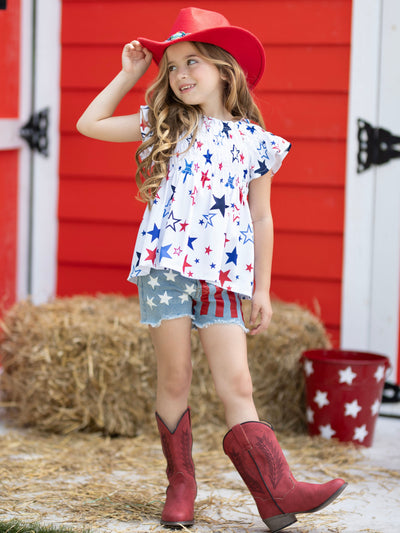Mia Belle Girls Star Smocked Top And Denim Shorts Set | 4th of July