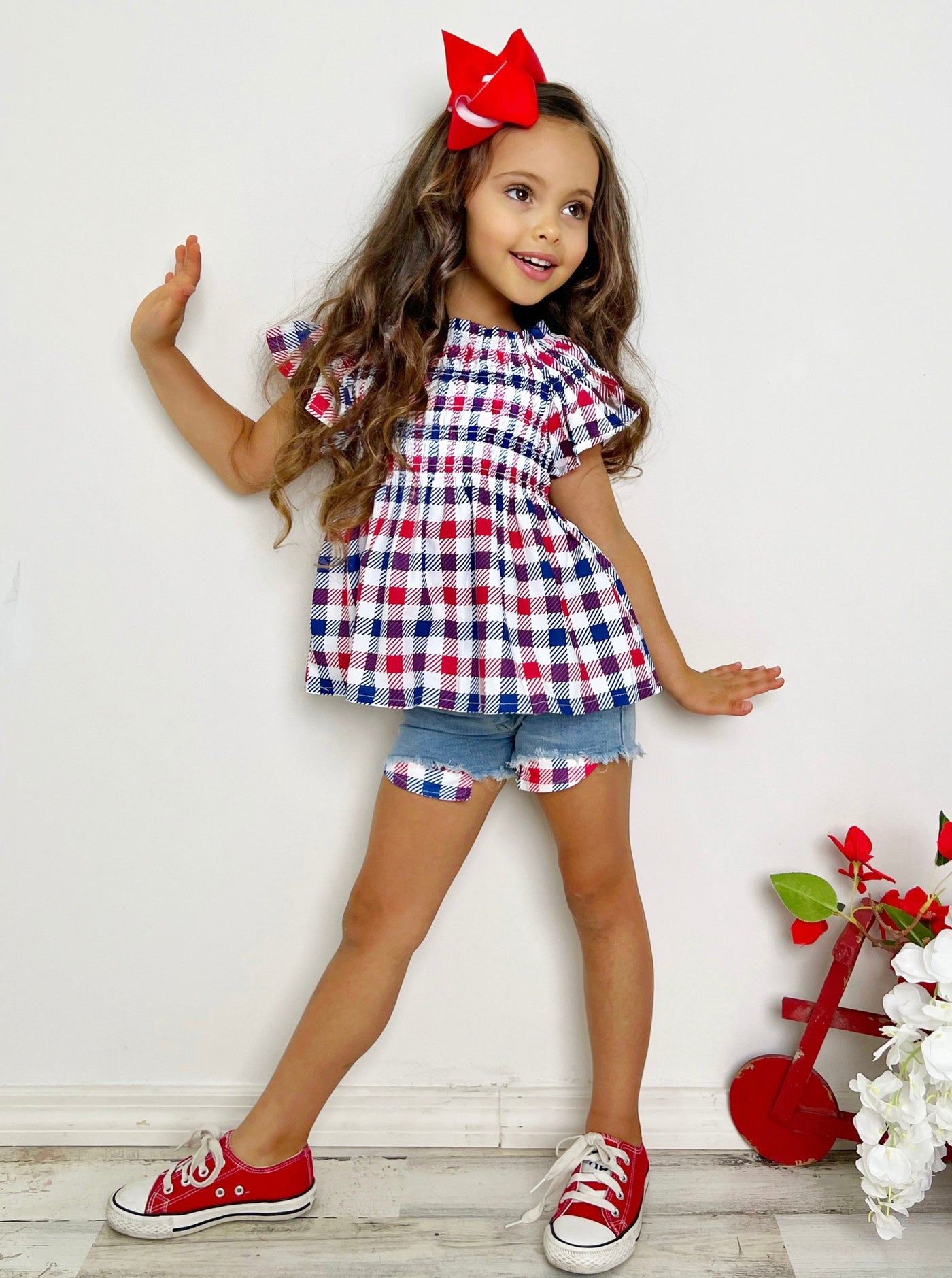 Girls 4th of July Outfits | Plaid Smocked Top & Denim Shorts Set