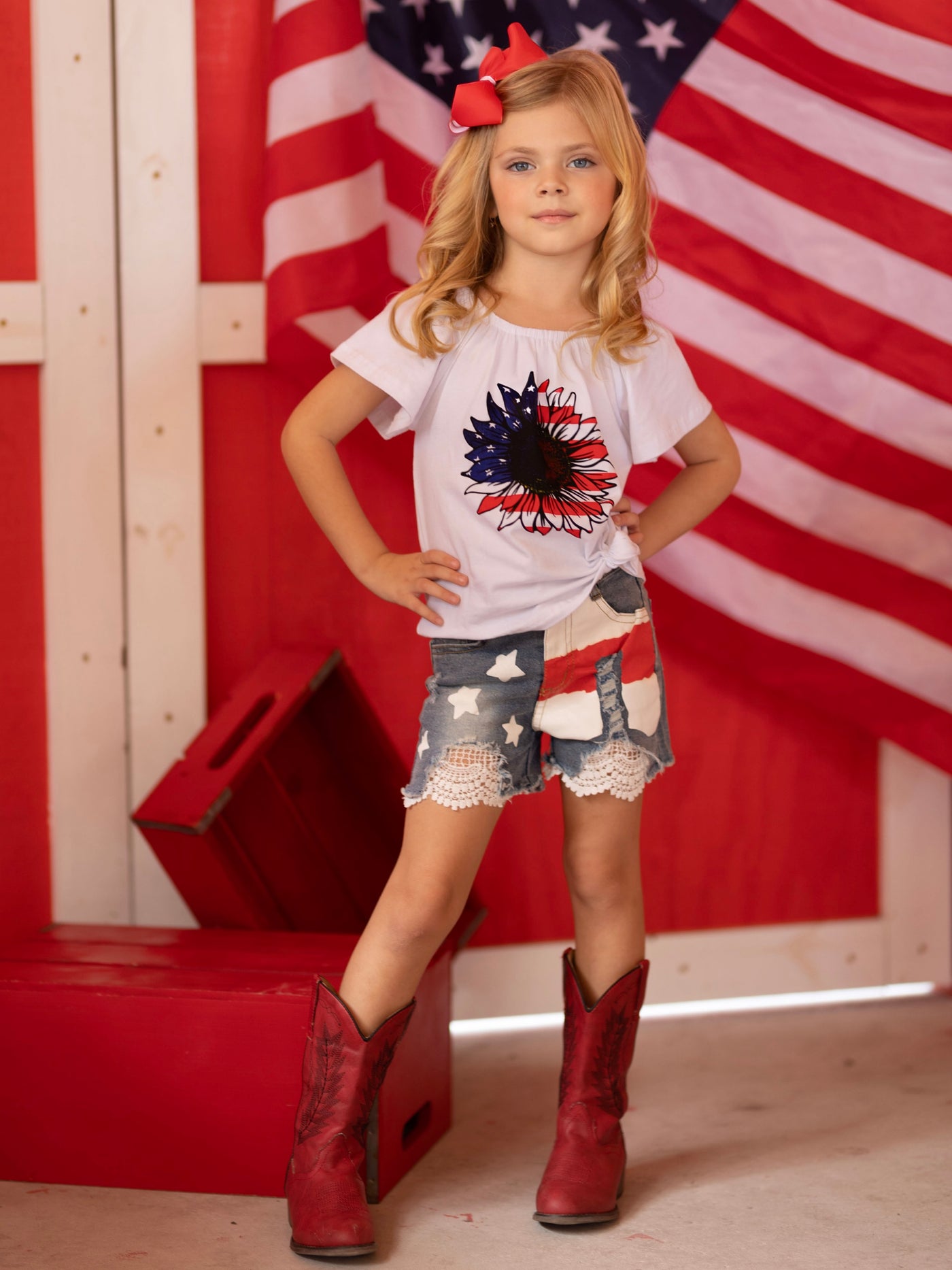 Mia Belle Girls USA Sunflower Top And Lace Denim Shorts | 4th of July