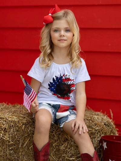 Mia Belle Girls USA Sunflower Top And Lace Denim Shorts | 4th of July
