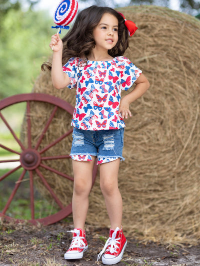 Mia Belle Girls Butterfly Top And Denim Shorts Set | 4th of July