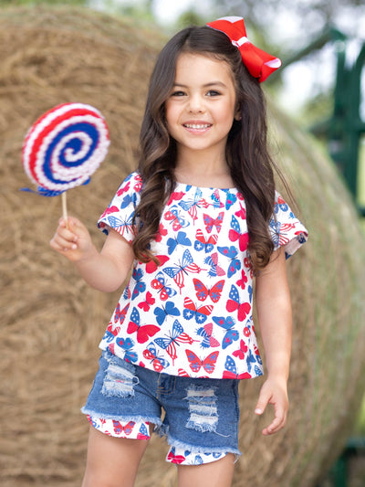 Mia Belle Girls Butterfly Top And Denim Shorts Set | 4th of July