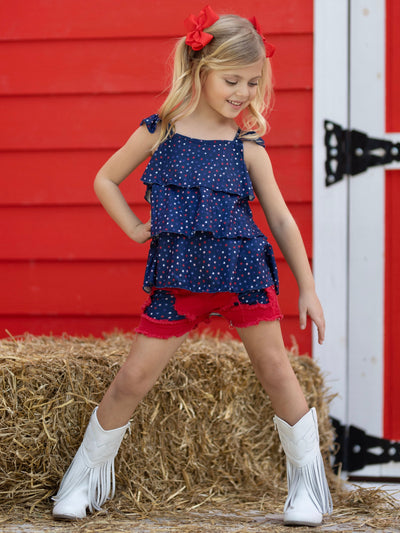 Girls Star Tiered Top And Patched Denim Shorts | 4th of July Sets